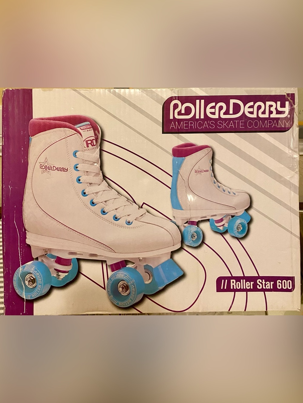 Roller Derby Roller Star 600 White, Pink & Blue Quad Roller Skates; size 6; NEW.